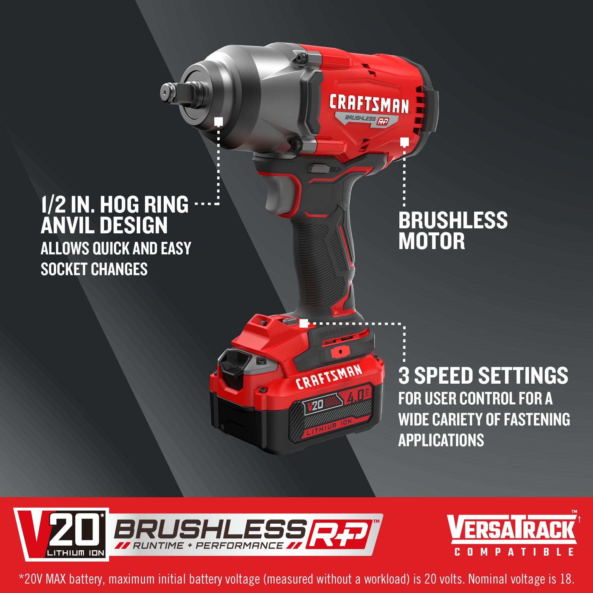 CRAFTSMAN BRUSHLESS RP high torque half inch drive impact wrench on dark background graphic