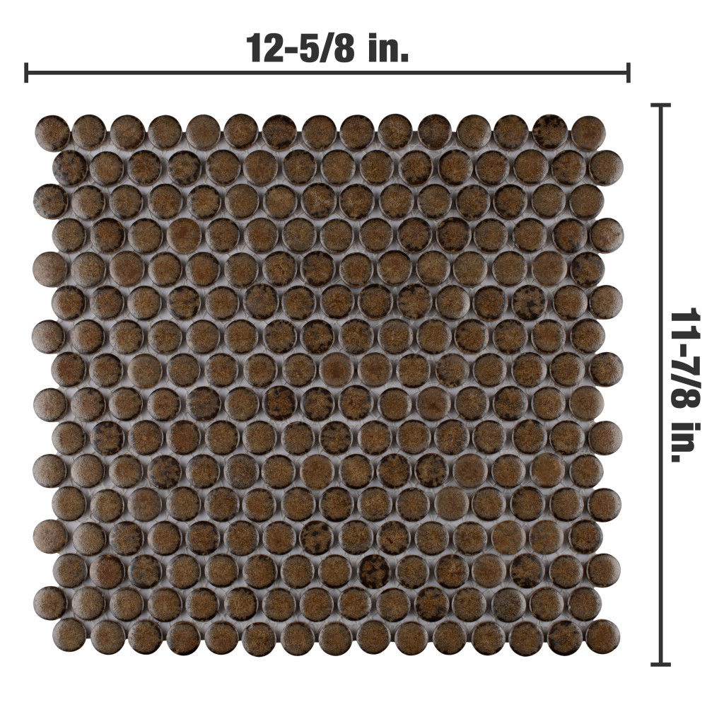 Hudson Penny Round Brownstone 11-7/8 in. x 12-5/8 in. Porcelain Mosaic Tile