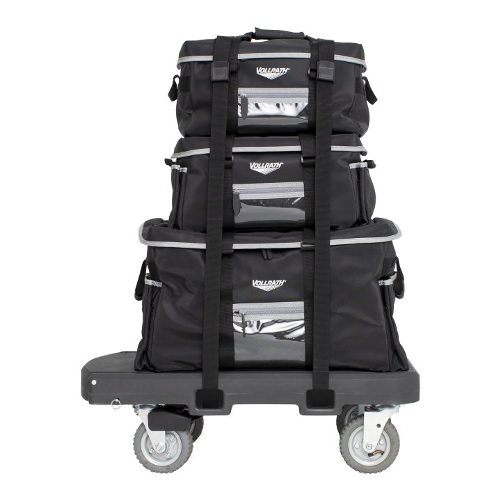Flatbed utility dolly in dark gray with 6Ó pneumatic wheels and straps