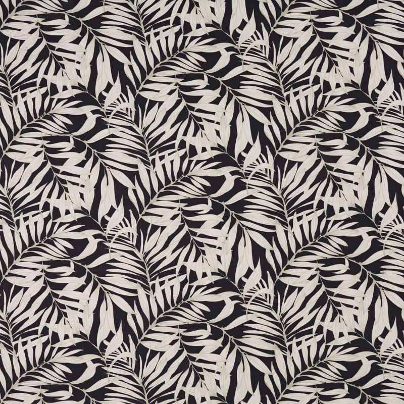 Cream palm-leaf patterned wallpaper covering a wall, leaves repeating in diagonal fronds; high-contrast cream-on-black design providing a decorative, flat surface suitable for an interior accent wall.