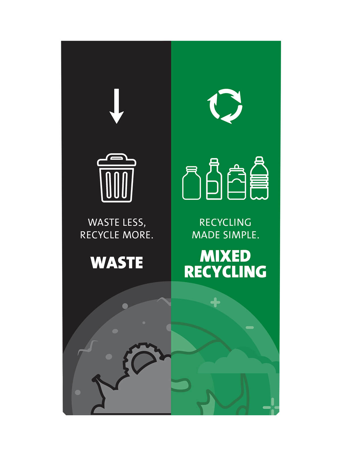 Black and green colored graphics for waste and mixed recycling signage for the Busch Systems Expression container