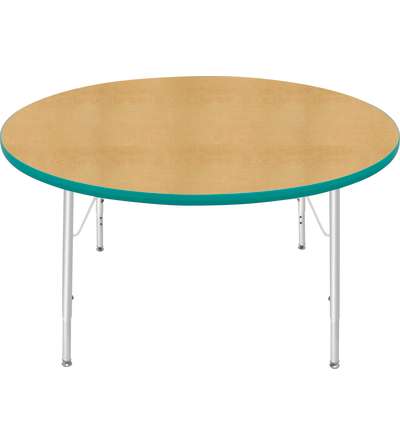 Creative Colors® Activity Table, Round, 48" Diameter, Maple Top Color, Teal Edge Color, Standard Leg Height, Platinum Silver Leg
