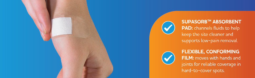 SupaSorb™ absorbent pad: channels fluids to help keep the site cleaner and supports low‑pain removal.
Flexible, conforming film: moves with hands and joints for reliable coverage in hard‑to‑cover spots.