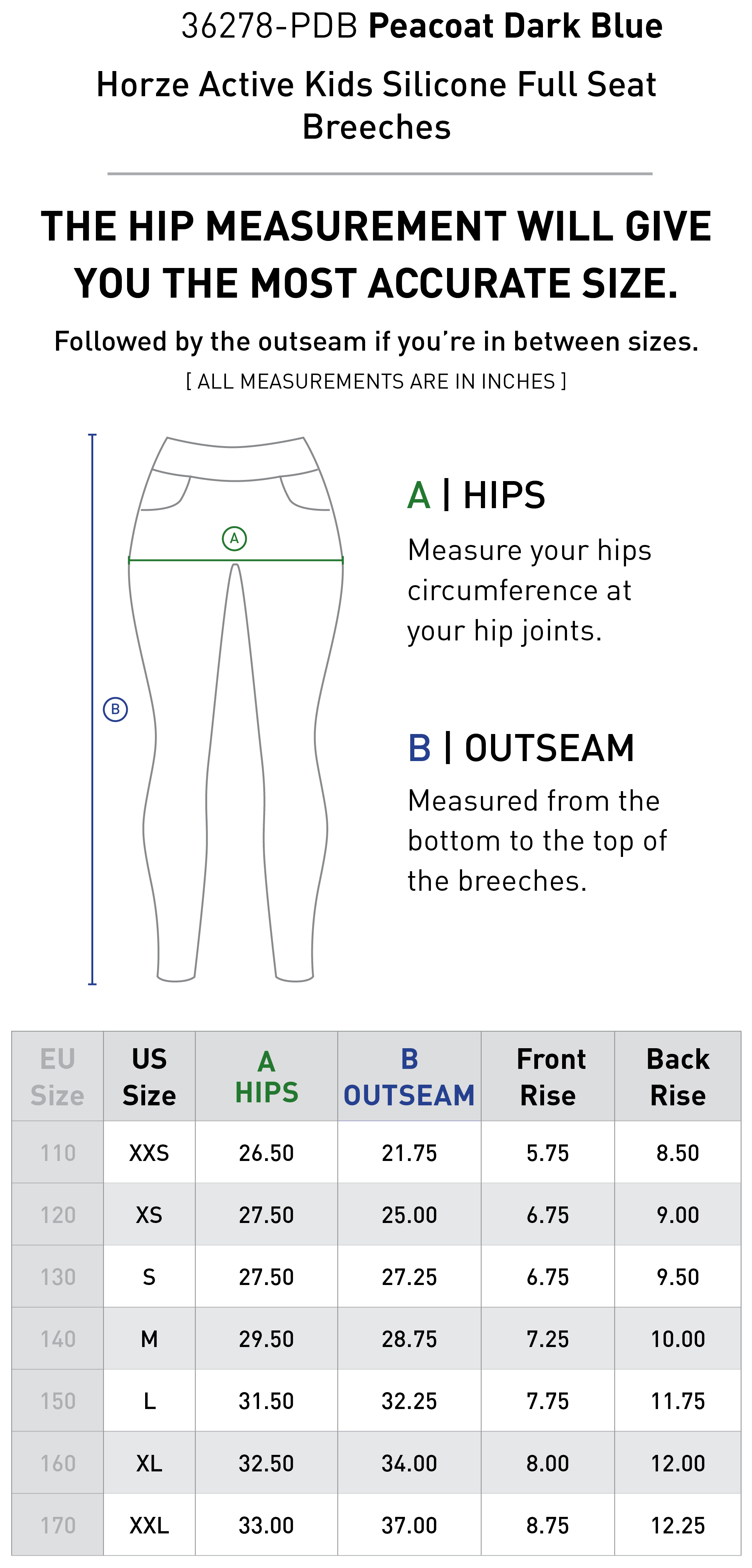 Size chart for Horze Active Kids Silicone Full Seat Breeches - Peacoat Dark Blue
