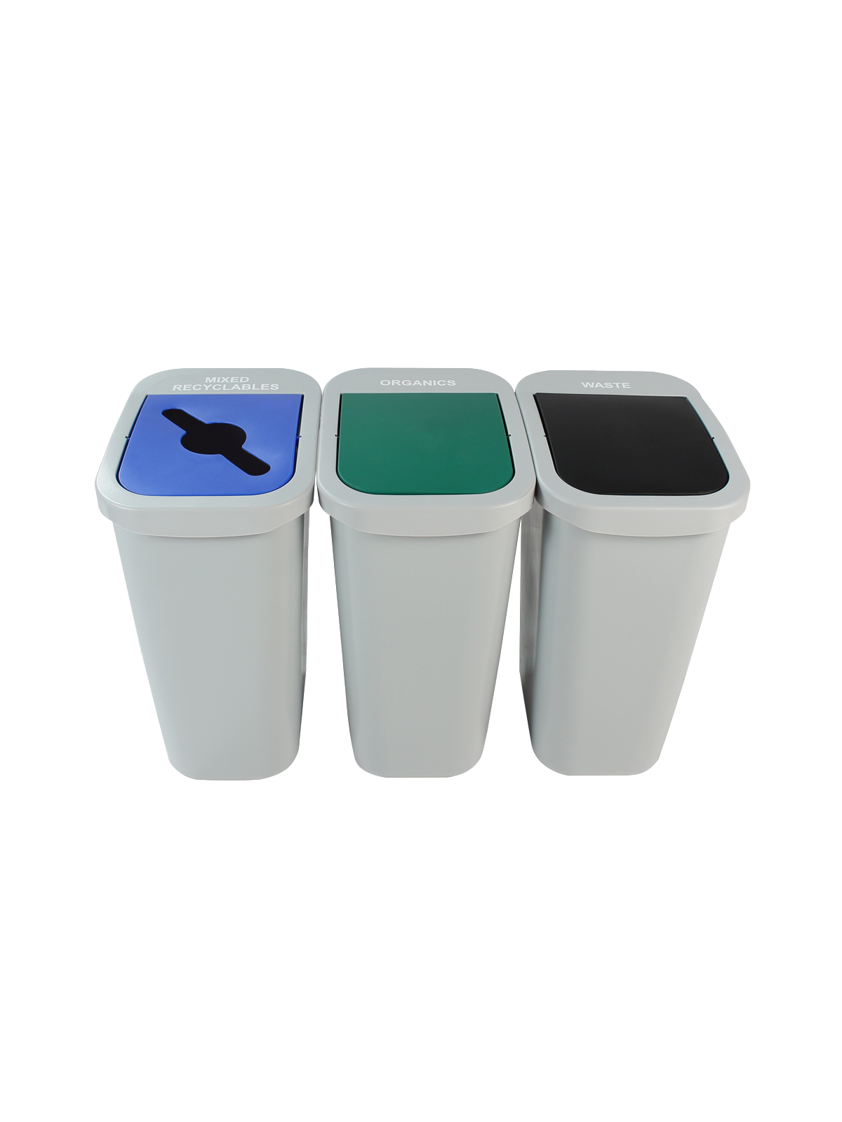 BILLI BOX – Triple – Kit – 10 G – Mixed Recyclables-Organics-Waste – Mixed-Swing-Swing – Grey-Blue-Green-Black