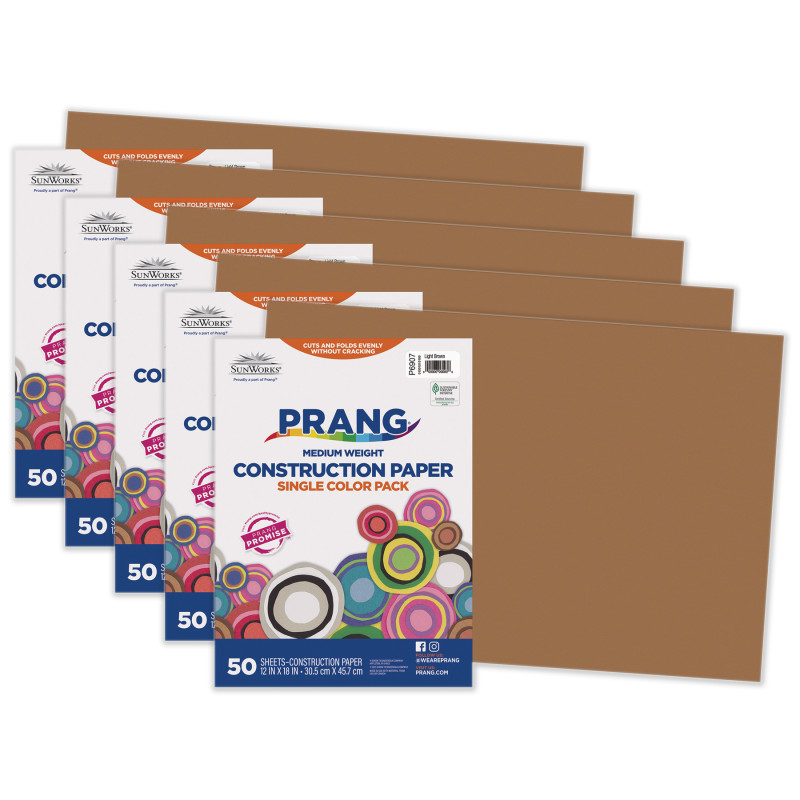 Construction Paper, Medium Weight, Light Brown, 12" x 18", 50 Sheets Per Pack, 5 Packs