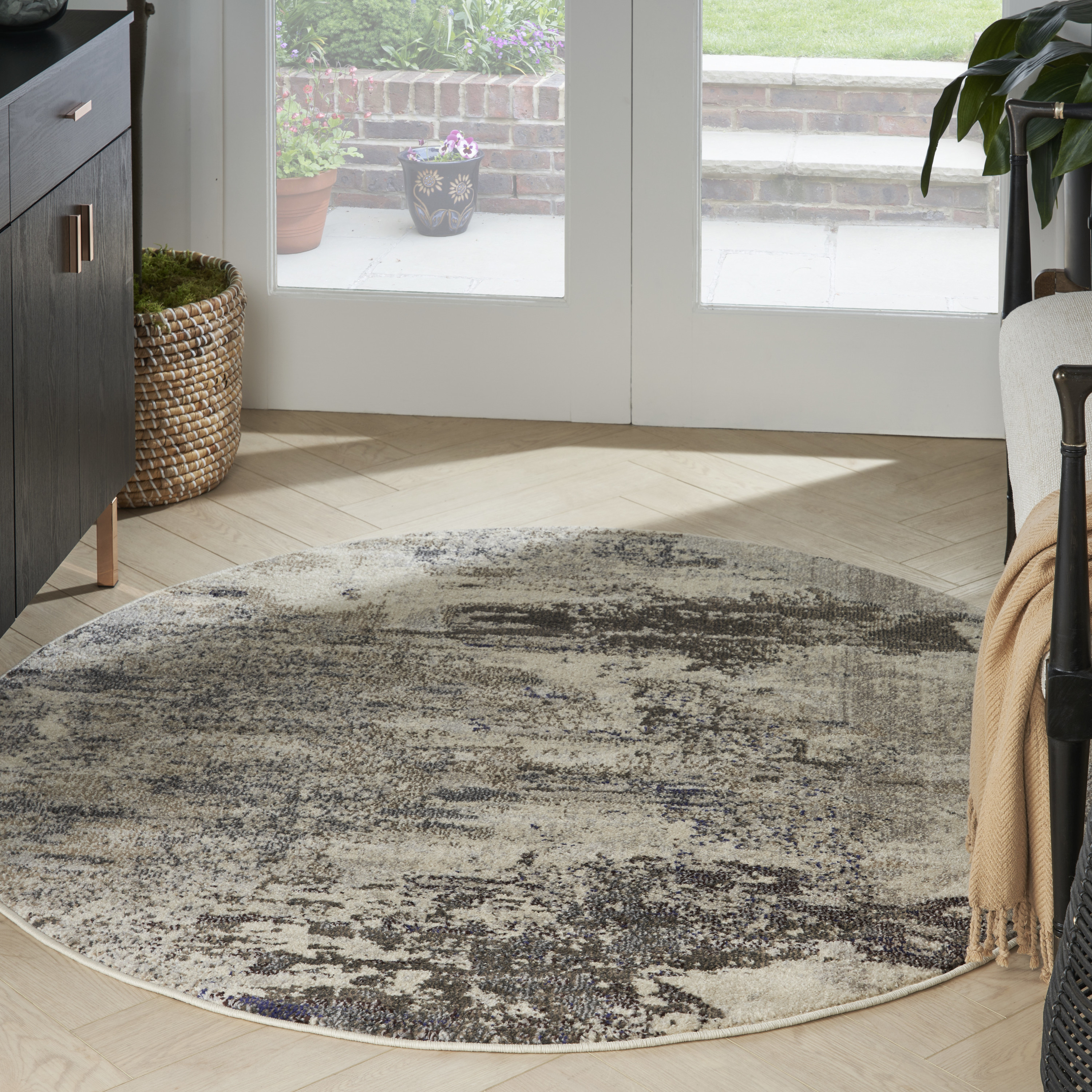 Nourison Celestial 5'3" x Round Ivory Grey Modern Indoor Rug
