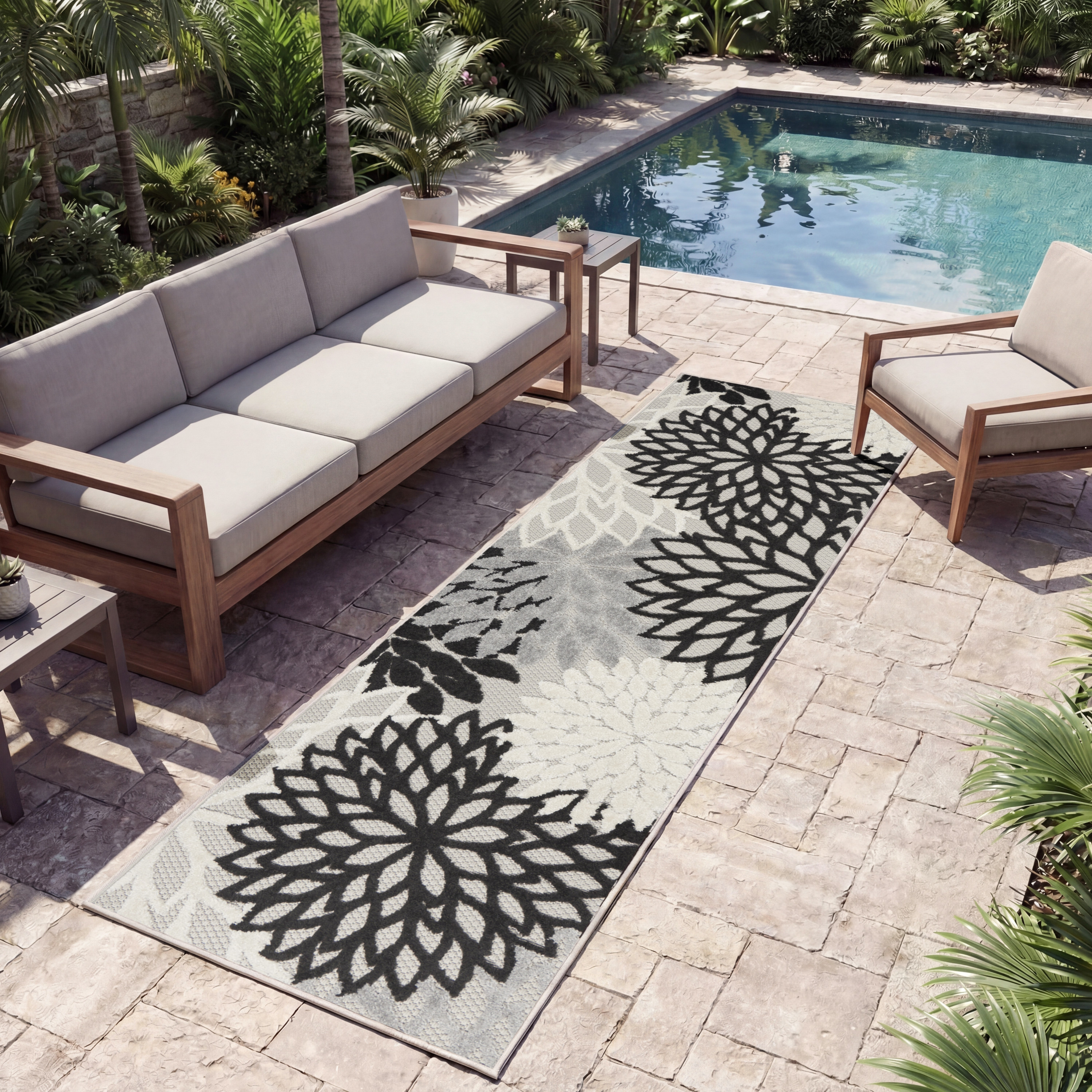 Nourison Aloha 2' x 6' Black White Tropical Rug