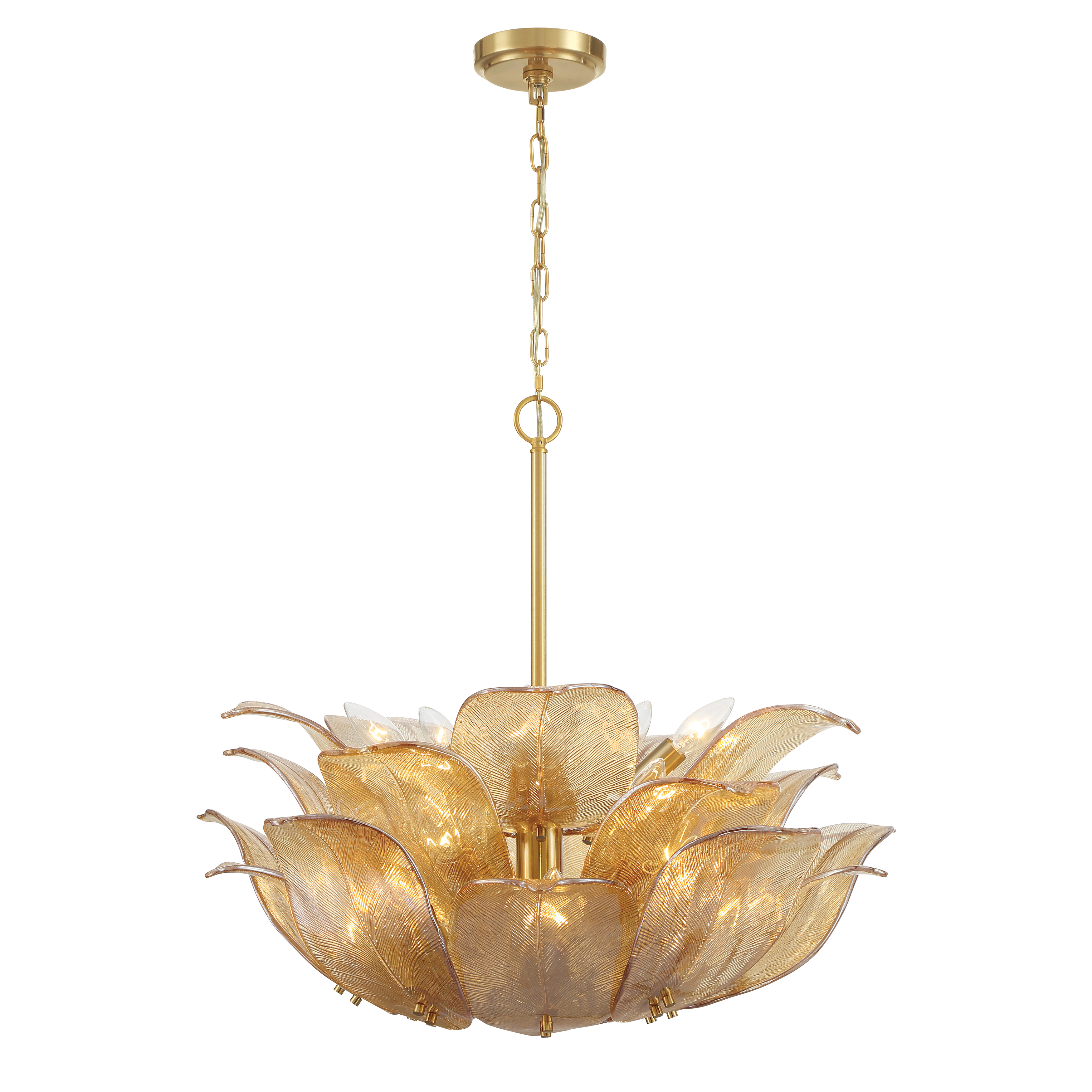 The Orchid pendant combines traditional elegance with transitional versatility through its Legacy Brass finish and handmade amber glass shades. At nearly 29 inches wide, this substantial fixture creates dramatic impact. - alternate view