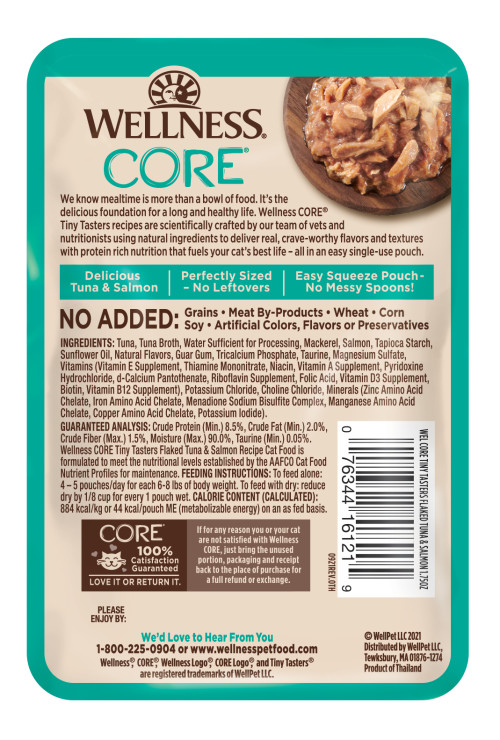 Wellness CORE Tiny Tasters Flaked Tuna & Salmon back packaging