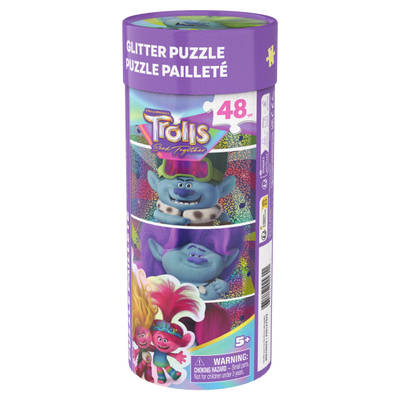Spin Master, Trolls Band Together Movie Glitter Puzzle Canister with Bookmark, 48-piece Puzzle for Kids, Ages 5+
