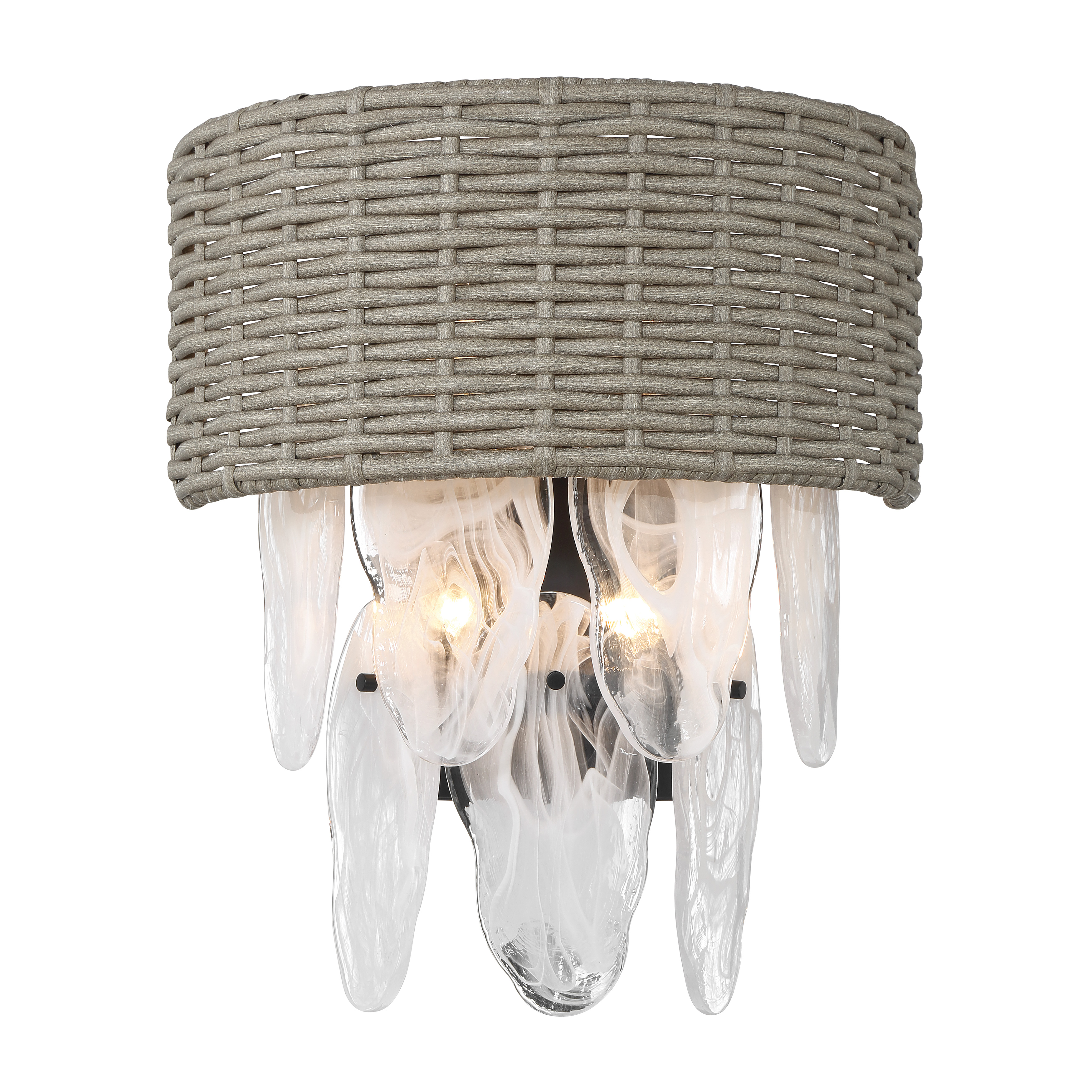The Breakers Isle 4-Light Wall Sconce brings coastal charm indoors with its PE rattan shade and coal black finish. Four candelabra bulbs provide ample illumination through white swirl glass diffusers, creating warm ambient lighting perfect for bathrooms and bedrooms. - alternate view