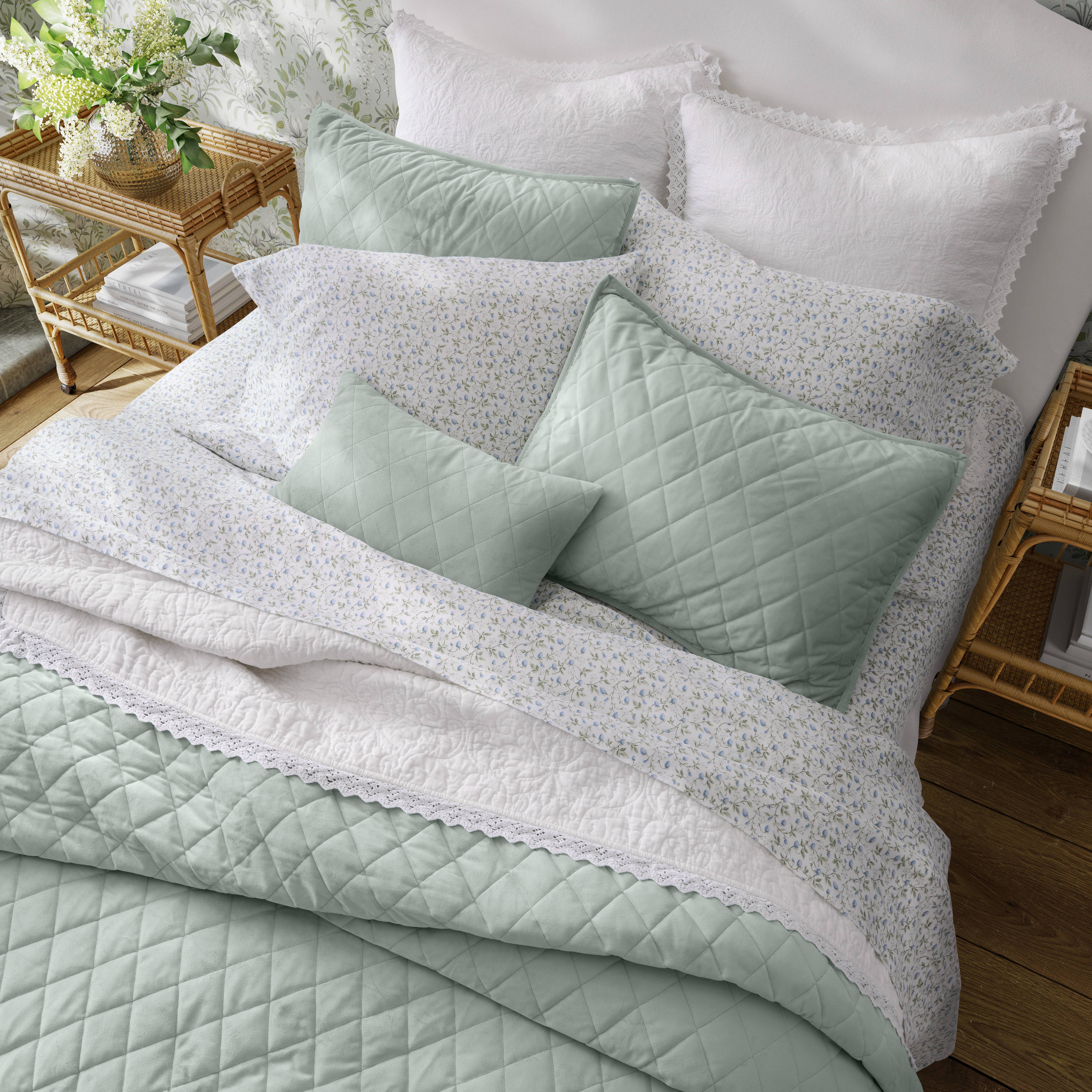 Laura Ashley Velvet Quilt-Sham Multi-Piece Sets (Solid Diamond Stitch-Green) - Picture 9 of 15