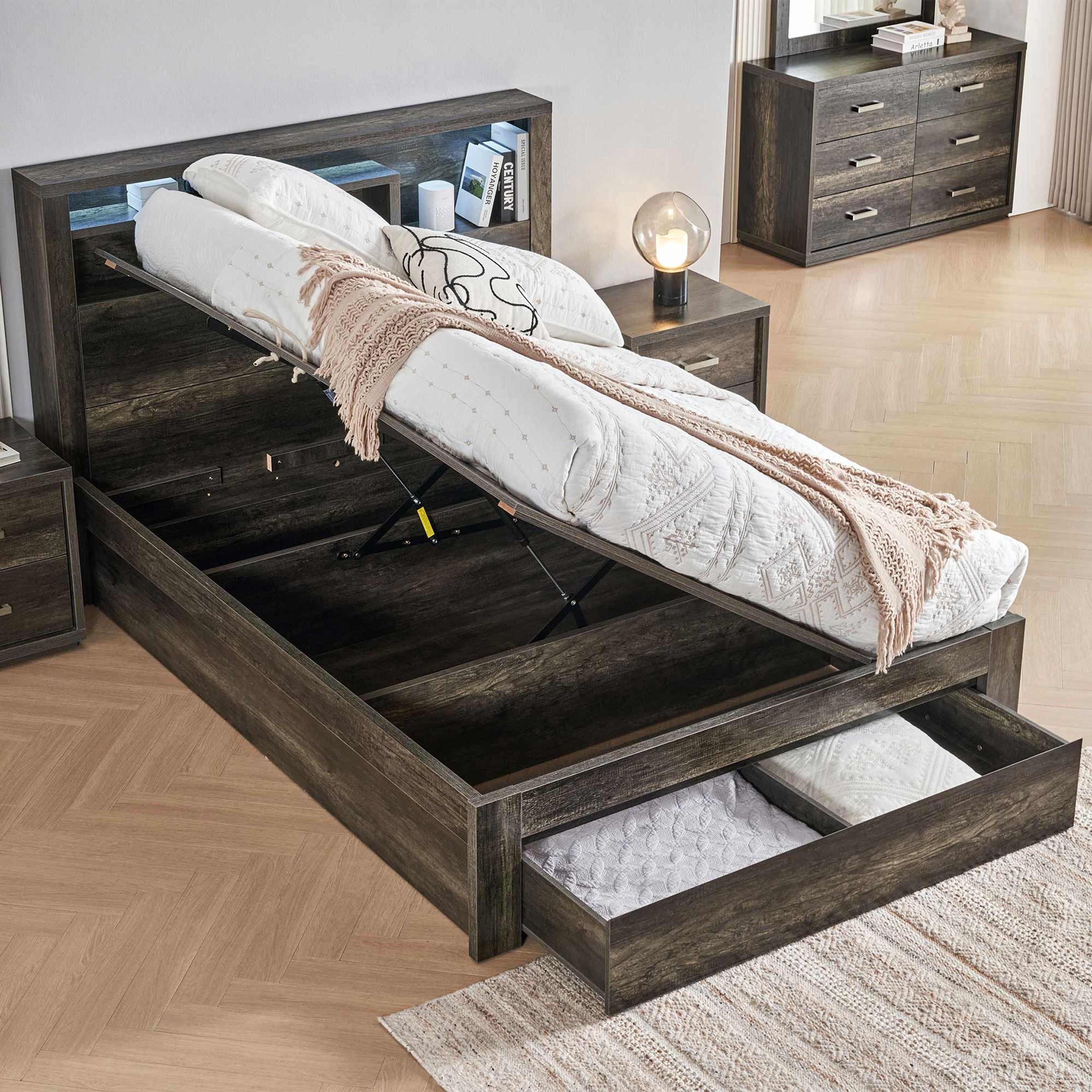 Lifestyle image of the  Bellevue Bed Frame, Side Gas Lift & End Drawer Base, Charcoal from Forty Winks