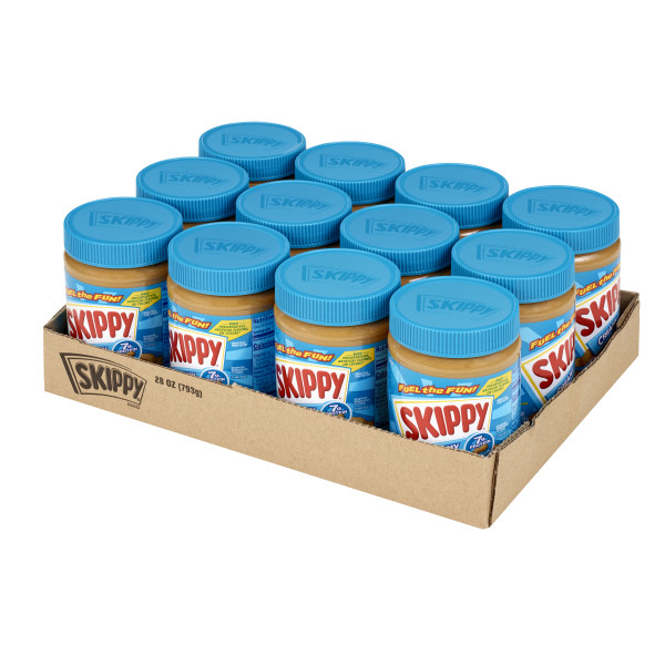 SKIPPY(r) Creamy Peanut Butter, 12/28 oz . C1RM - Front Right Open Case (Hi Res)