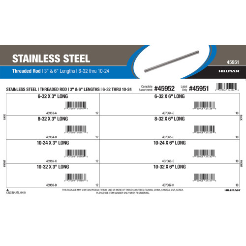 Stainless Steel Threaded Rod Assortment (#6-32 to #10-32 Thread Sizes in 3