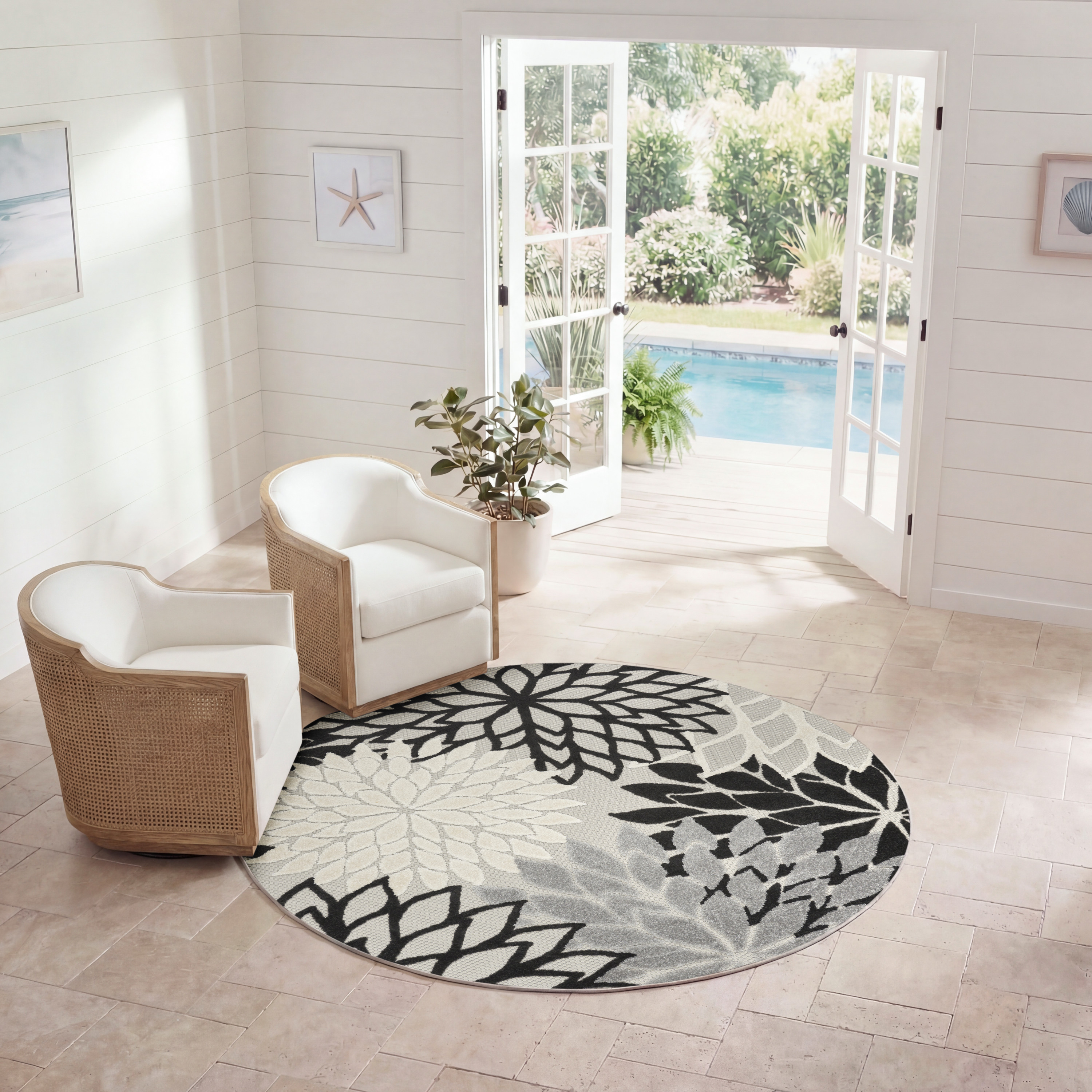 Nourison Aloha 5'3" x Round Black White Tropical Rug