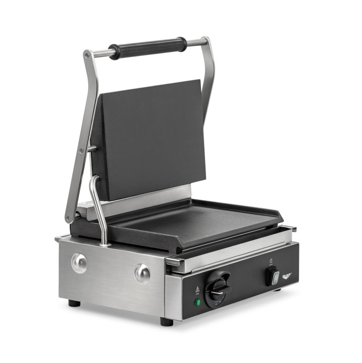 120-volt single panini sandwich grill with cast-iron flat plates and NEMA 5-15P Plug