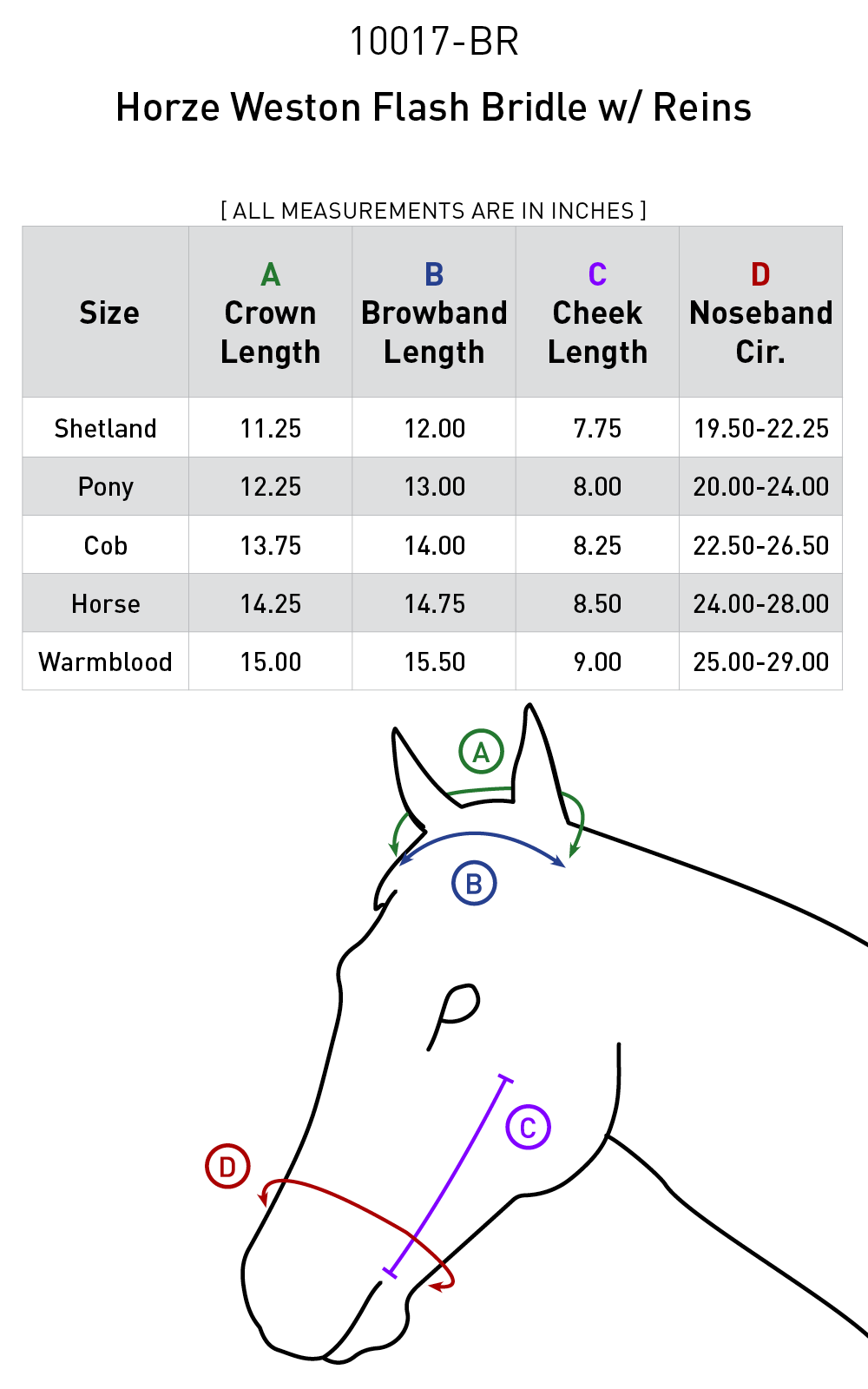 Size chart for Horze Weston Flash Bridle w/ Reins - Brown