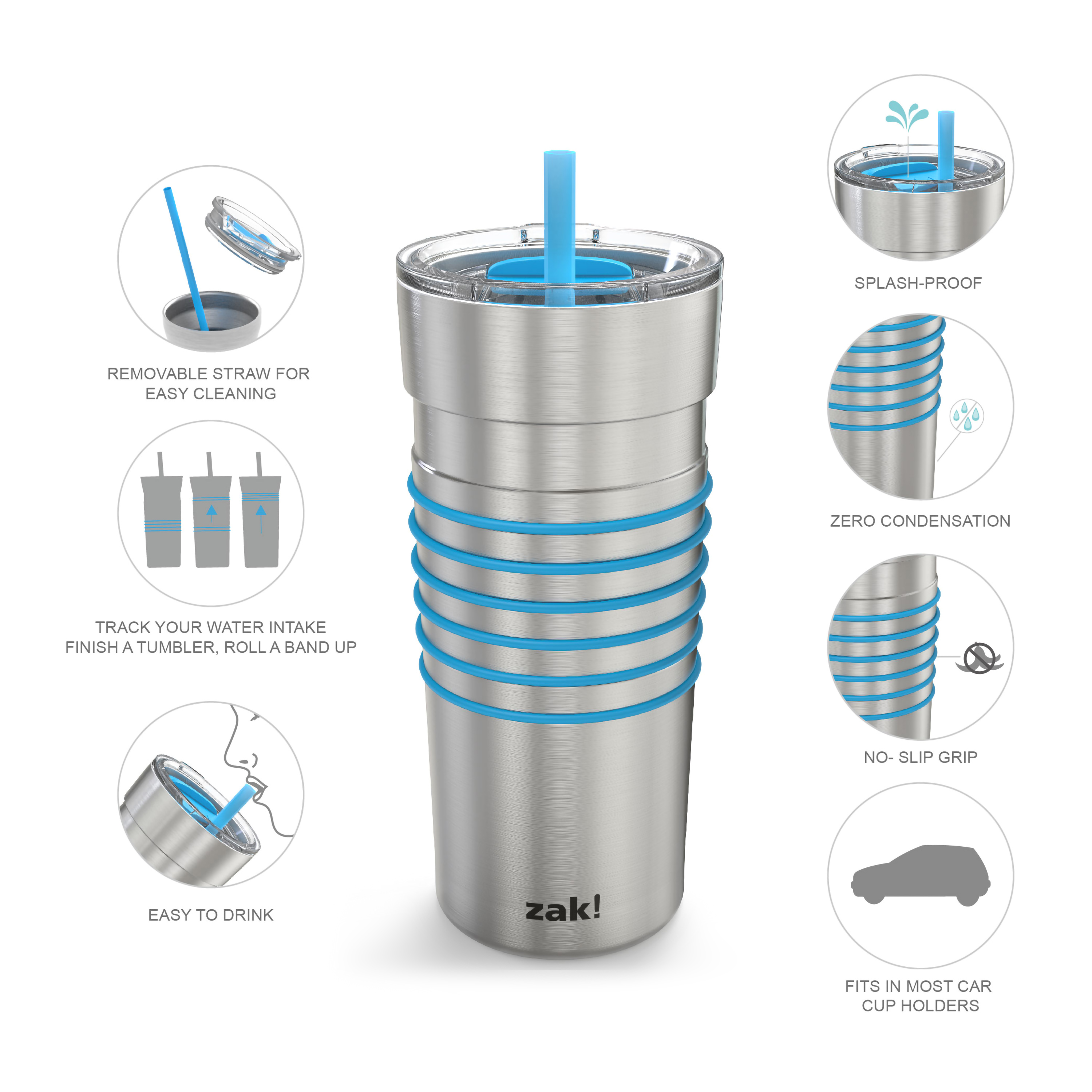 HydraTrak 20 ounce Vacuum Insulated Stainless Steel Tumbler, Stainless Steel with Blue Rings slideshow image 3 HydraTrak 20 ounce Vacuum Insulated Stainless Steel Tumbler, Stainless Steel with Blue Rings slideshow image 3