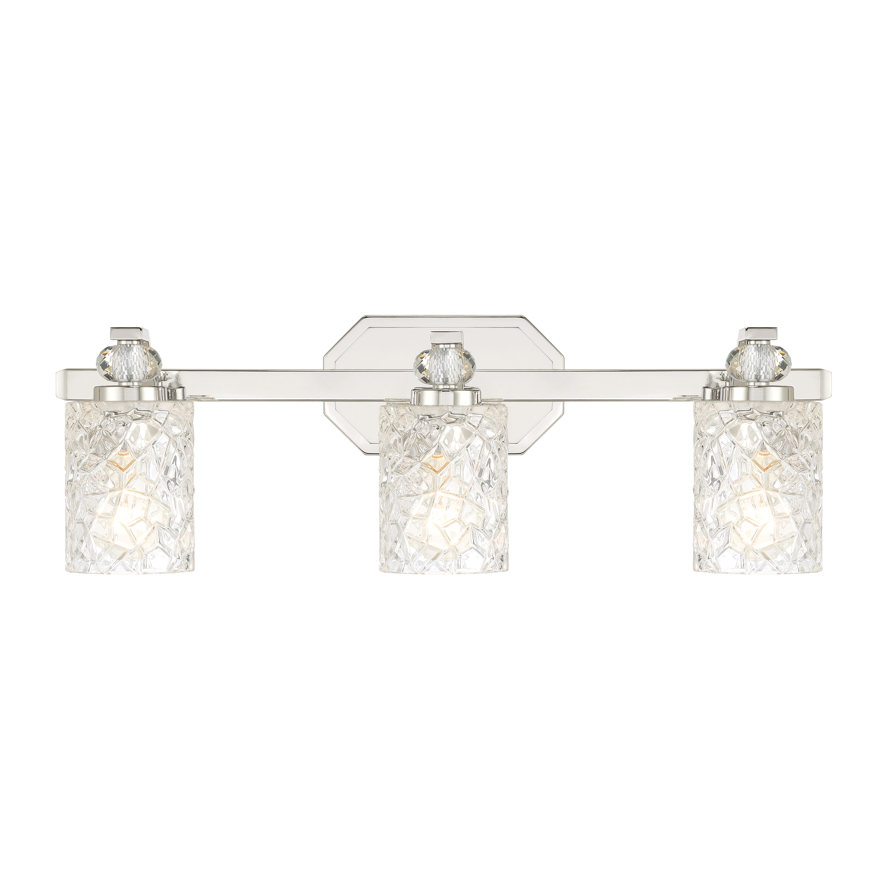 The Crystal Kay 3-Light Bath Vanity combines contemporary chrome styling with pressed glass shades for bright, even illumination. Its reversible design and 24.5-inch width make it ideal for medium-sized bathroom vanities. - alternate view