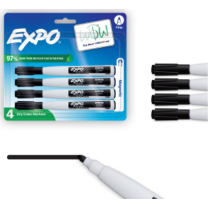 Magnetic Dry Erase Markers with Eraser, Black, Fine Tip, 4 Count