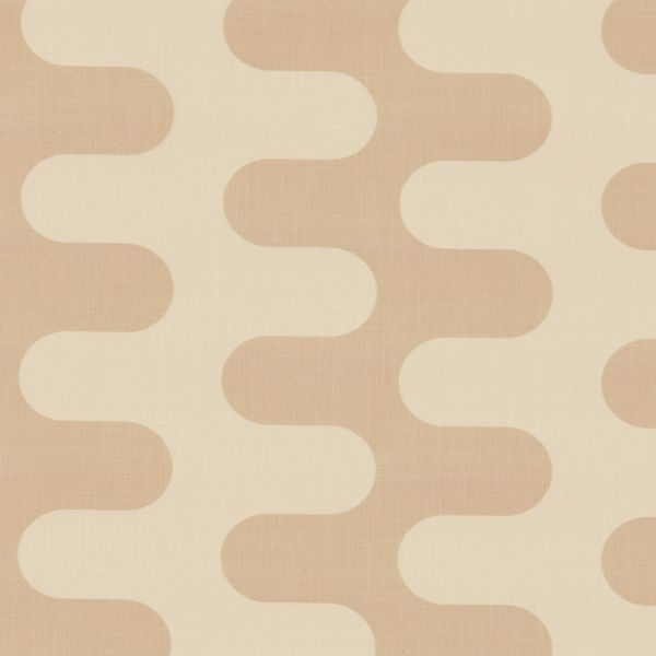 Beige-and-cream patterned wallpaper with large rounded interlocking wave motifs, repeating across a flat surface; alternating curved bands form a soft, mid-century retro look in a neutral close-up view.