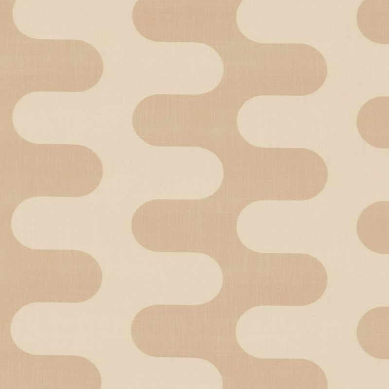 Beige-and-cream patterned wallpaper with large rounded interlocking wave motifs, repeating across a flat surface; alternating curved bands form a soft, mid-century retro look in a neutral close-up view.