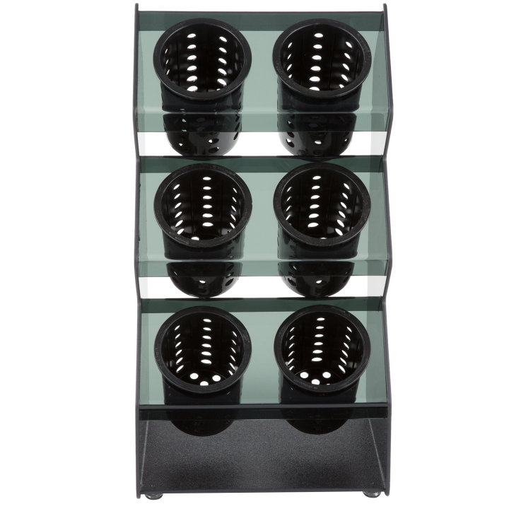 Six-compartment vertical countertop flatware organizer with removable black perforated cylinders