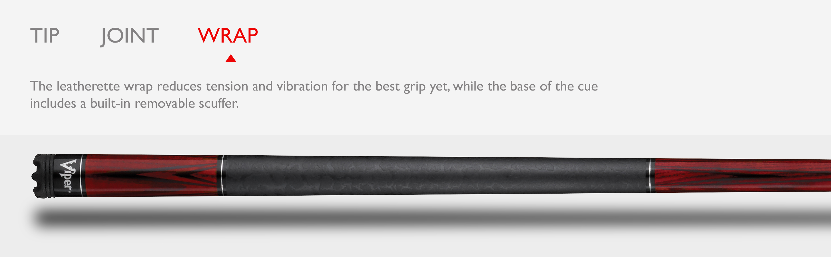 Infographic showing cue stick with red wood tip, black middle joint section, red wood shaft, and black wrap grip labeled "WRAP