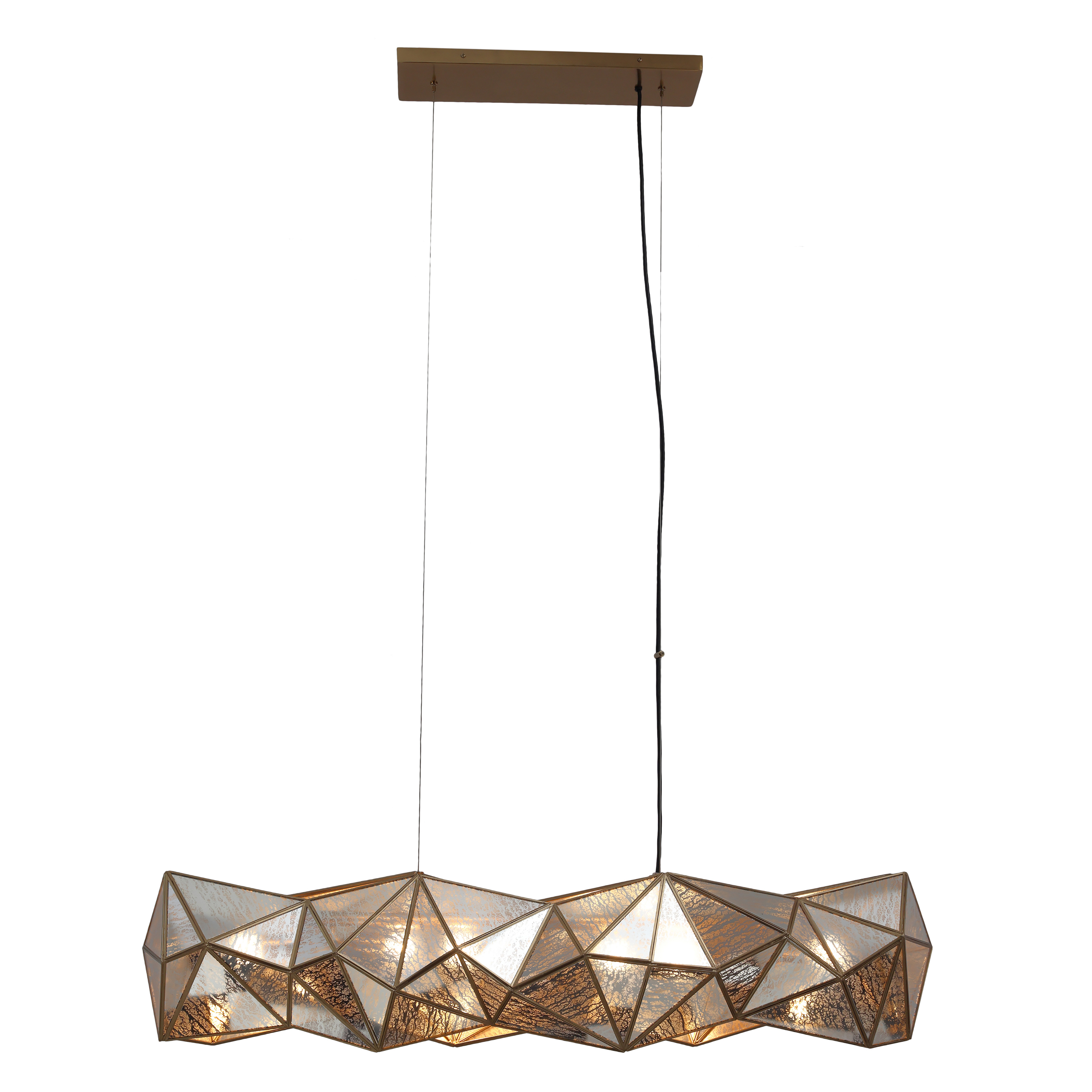 The Geo-Gem 6-Light Island Chandelier combines contemporary geometric design with artisanal craftsmanship. Its 48-inch linear profile and antique mercury glass panels create dramatic visual interest, while the artisan brass finish adds warmth and sophistication to modern and transitional spaces. - alternate view