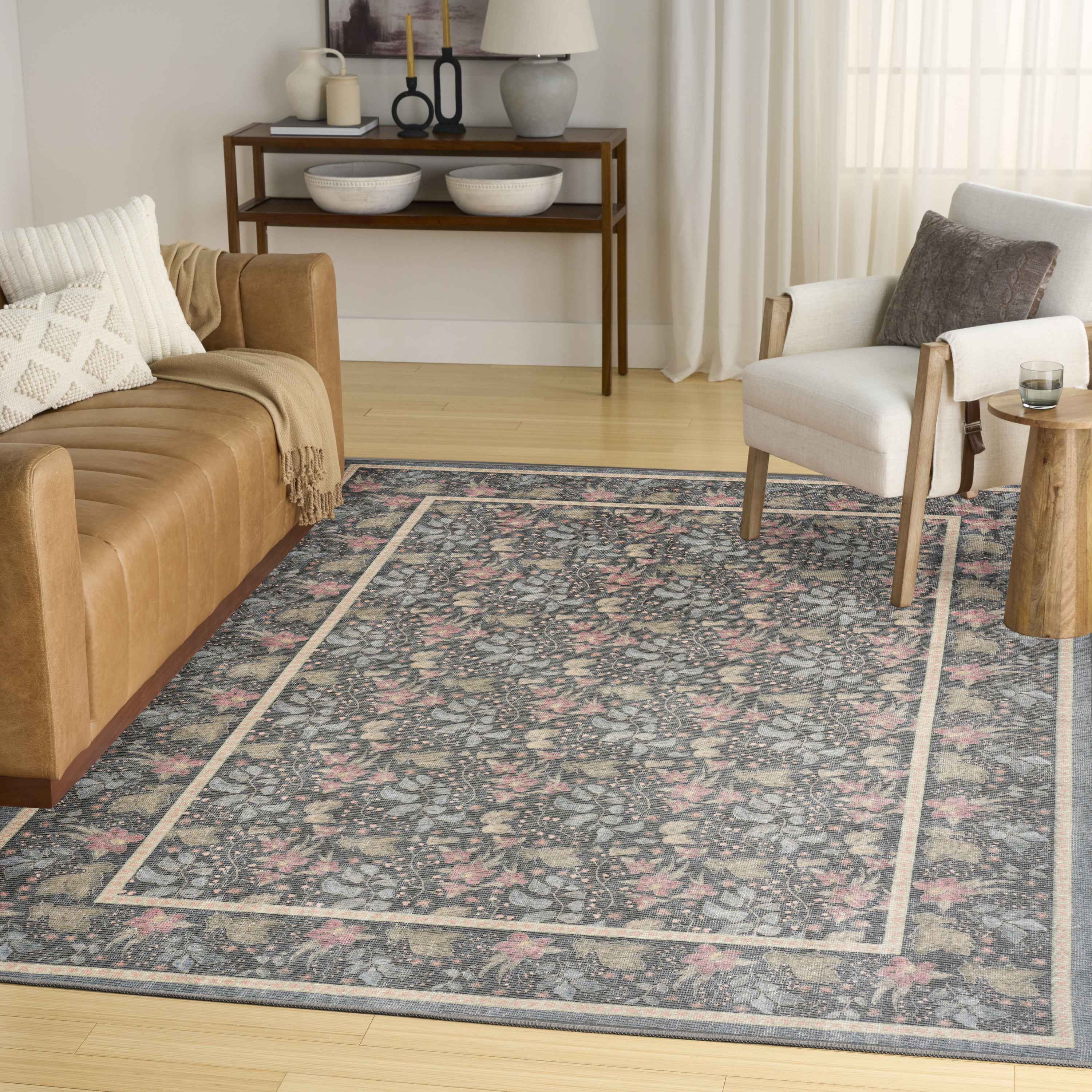 Nourison Botanical Washables 4' x 6' Charcoal Multicolor Farmhouse Indoor Rug