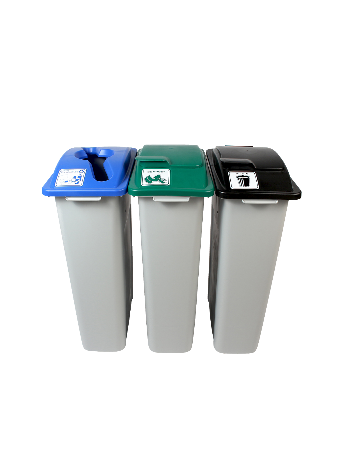 WASTE WATCHER – Triple – Kit – Mixed Recyclables-Compost-Waste – Mixed-Solid Lift-Solid Lift – Grey-Blue-Green-Black