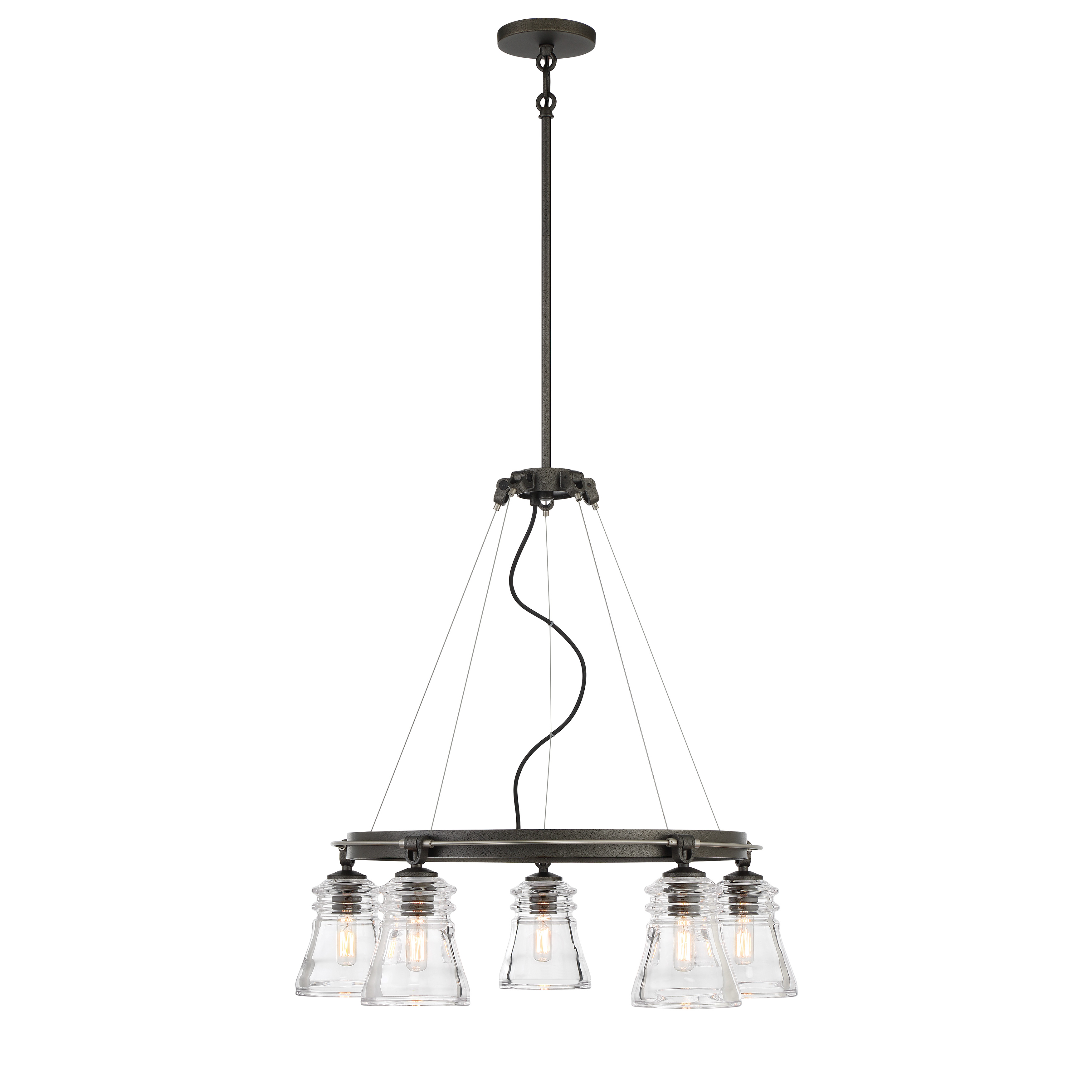 The Graham Avenue chandelier combines smoke iron and brushed nickel finishes with clear pressed glass for a refined transitional look. Its 26-inch width and 5-light configuration provide excellent illumination for medium-sized spaces. - alternate view