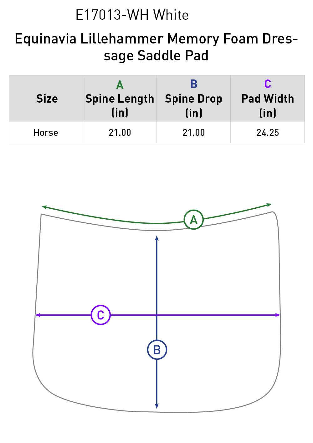 Size chart for Equinavia Lillehammer Memory Foam Dressage Saddle Pad - White