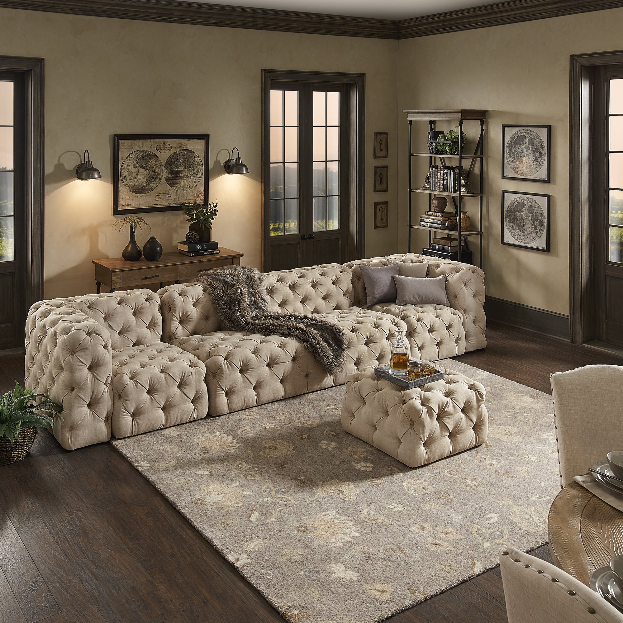 Beige Linen Tufted Chesterfield Modular Sectional