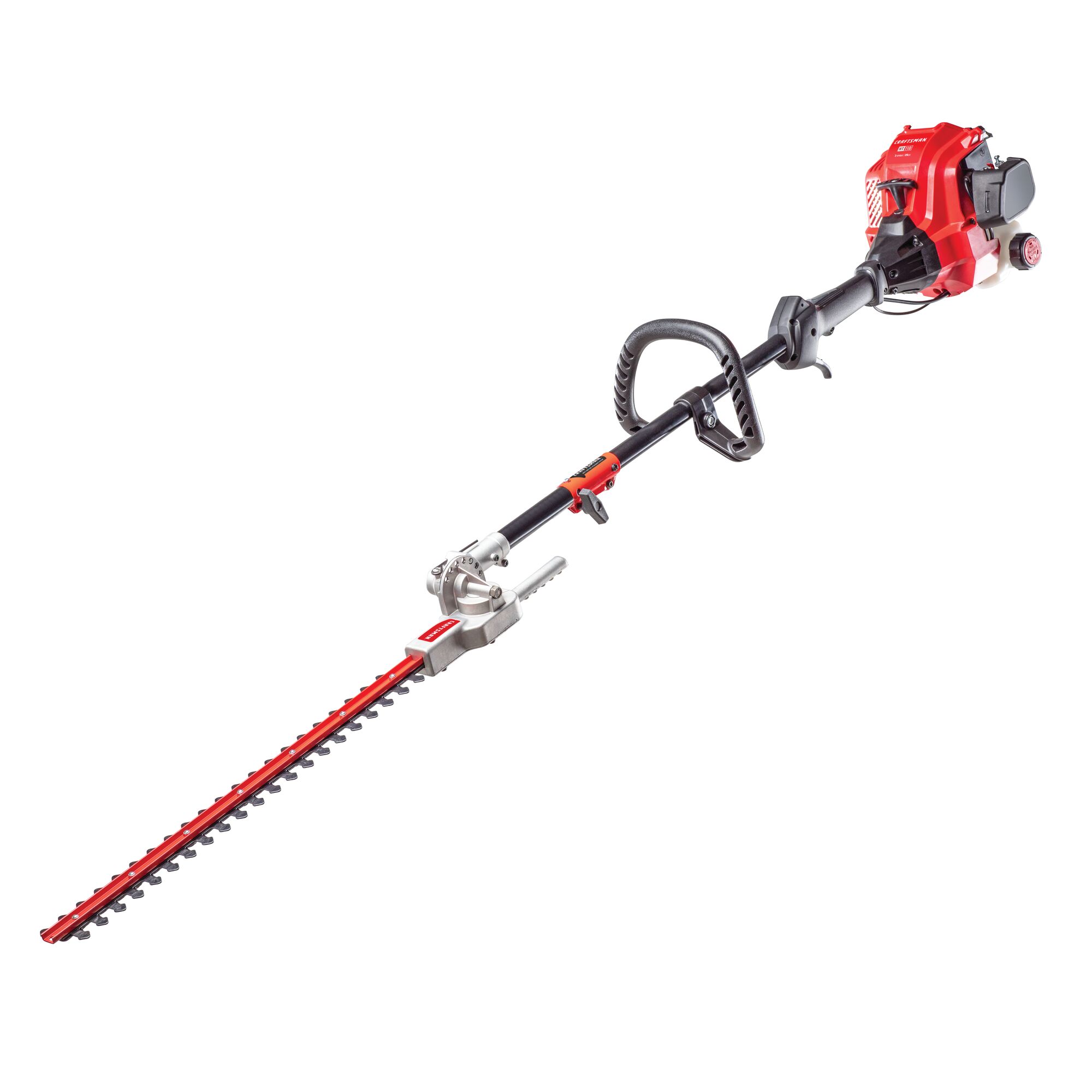 Profile of HT110 25CC 2 cycle 22 inch attachment capable gas hedge trimmer.