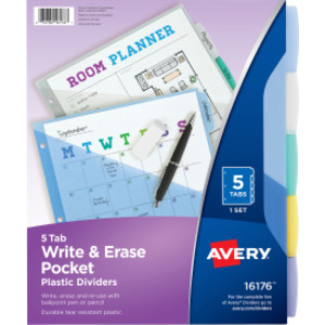 Write & Erase Durable Plastic Dividers with Pockets, 5-Tab Set, Multicolor