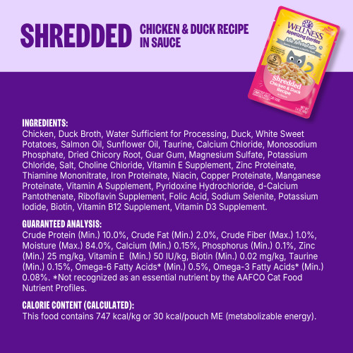 <p>Chicken, Duck Broth, Water Sufficient for Processing, Duck, White Sweet Potatoes, Salmon Oil, Sunflower Oil, Taurine, Calcium Chloride, Monosodium Phosphate, Dried Chicory Root, Guar Gum, Magnesium Sulfate, Potassium Chloride, Salt, Choline Chloride, Vitamin E Supplement, Zinc Proteinate, Thiamine Mononitrate, Iron Proteinate, Niacin, Copper Proteinate, Manganese Proteinate, Vitamin A Supplement, Pyridoxine Hydrochloride, d-Calcium Pantothenate, Riboflavin Supplement, Folic Acid, Sodium Selenite, Potassium Iodide, Biotin, Vitamin B12 Supplement, Vitamin D3 Supplement.</p>
