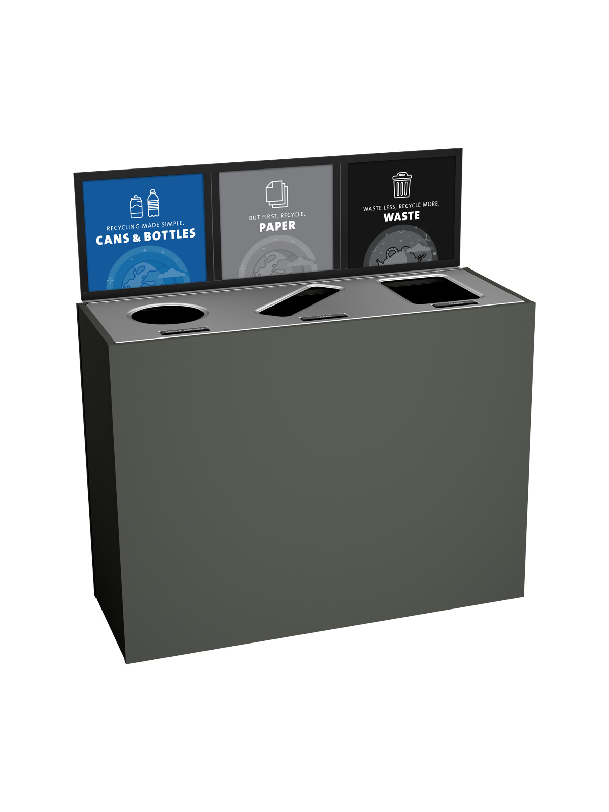 ARISTATA – Triple – Kit – Cans & Bottles-Paper-Waste – Circle-Slot-Full – Slate