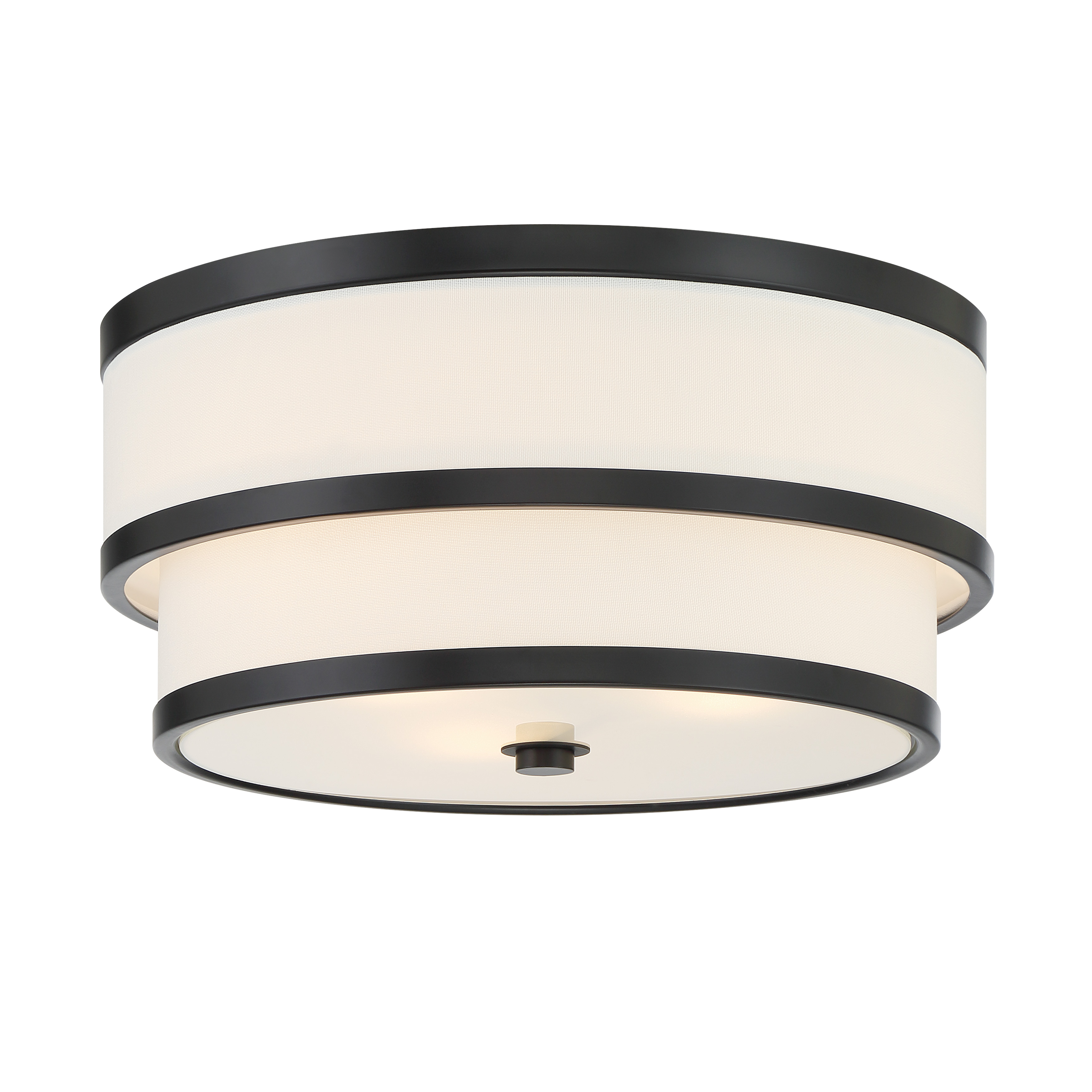 The Cascade flush mount combines contemporary coal black finish with a warm white linen shade, creating sophisticated ambient lighting perfect for low-ceiling spaces. Its compact 15-inch profile delivers style without sacrificing headroom. - alternate view