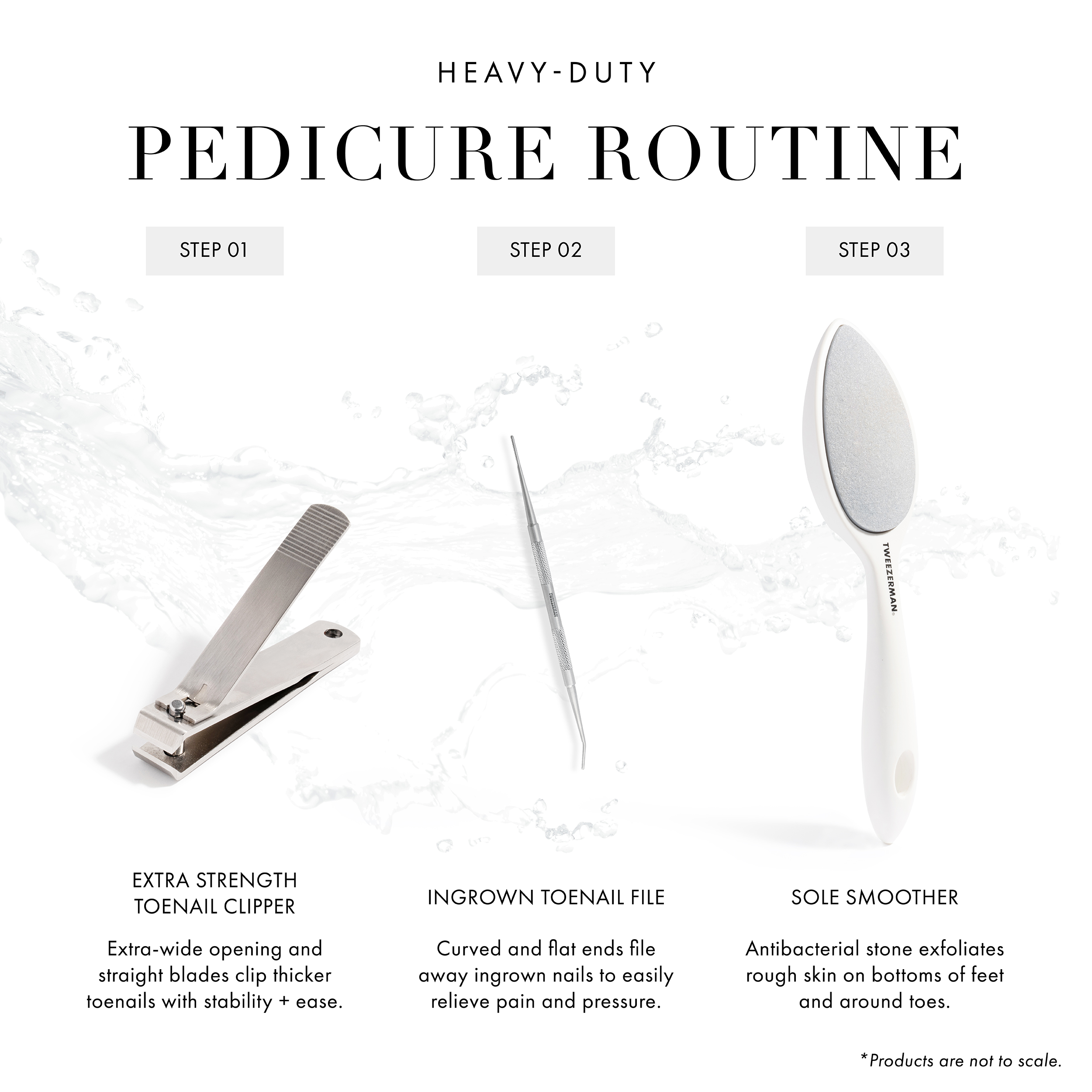 Heavy-Duty Pedicare Routine. Extra Strength Toenail Clipper - Extra-wide opening and straight blades clip thicker toenails with stability and ease. Ingrown Toenail File - Curved and flat ends file away ingrown toenails to easily relieve pain and pressure. Sole Smoother - Antibacterial stone exfoliates rough skin on bottom of feet and around toes.