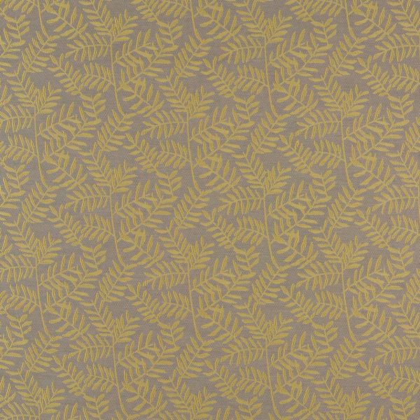 Yellow fern-branch patterned fabric covering the entire view, repeating embroidered motifs on a gray-beige textured background; close-up, evenly lit, decorative wallpaper or upholstery sample.