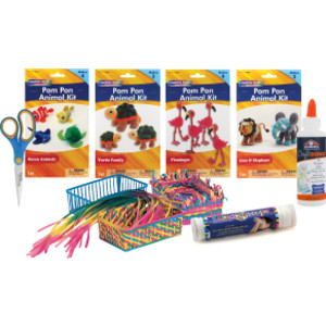 All-in-One Group Craft Kit, Weaving Baskets, Kaleidoscopes, Pom Pon Animals, Glue & Scissors