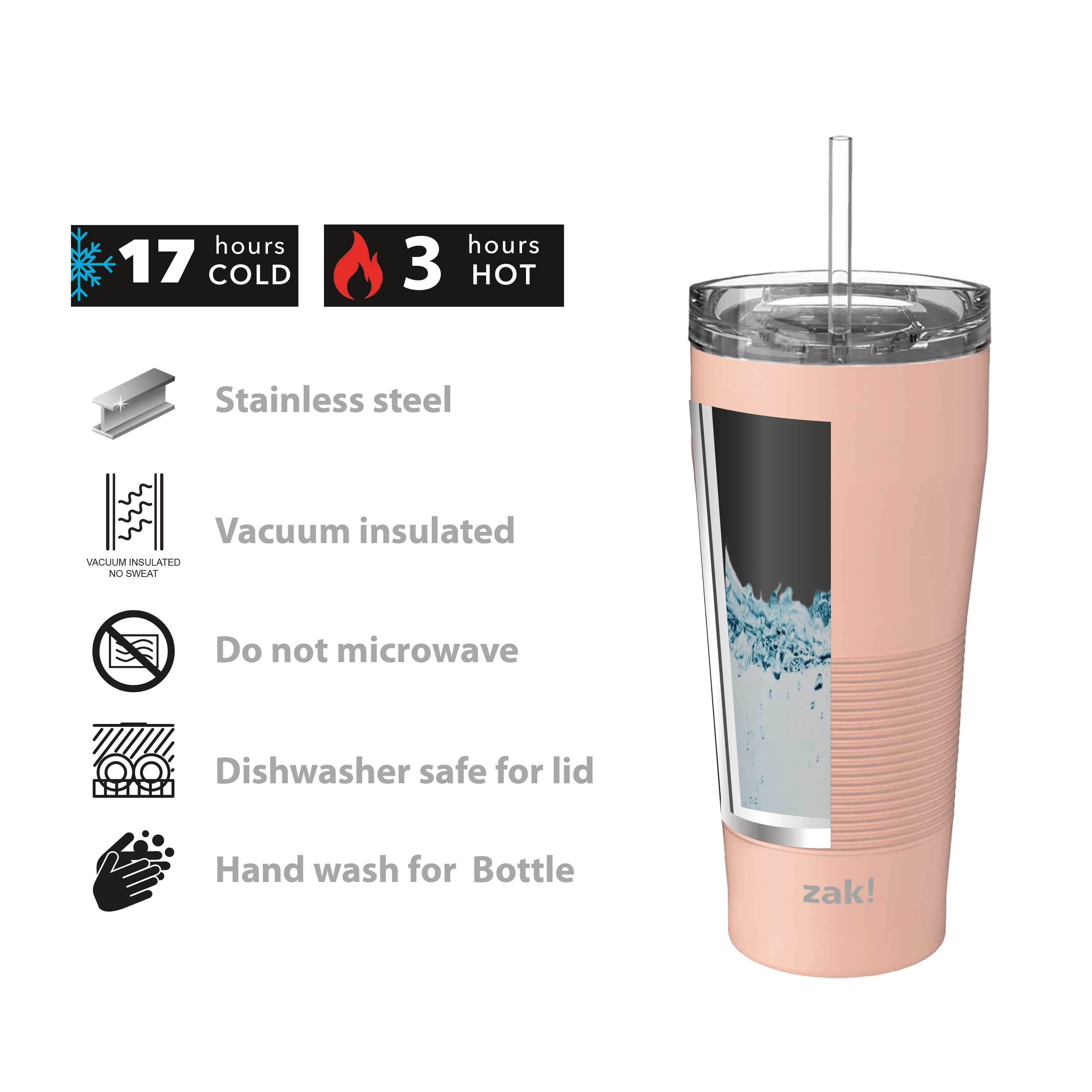 Zak Hydration 28 ounce Stainless Steel Vacuum Insulated Tumbler with Straw, Misty Rose slideshow image 3