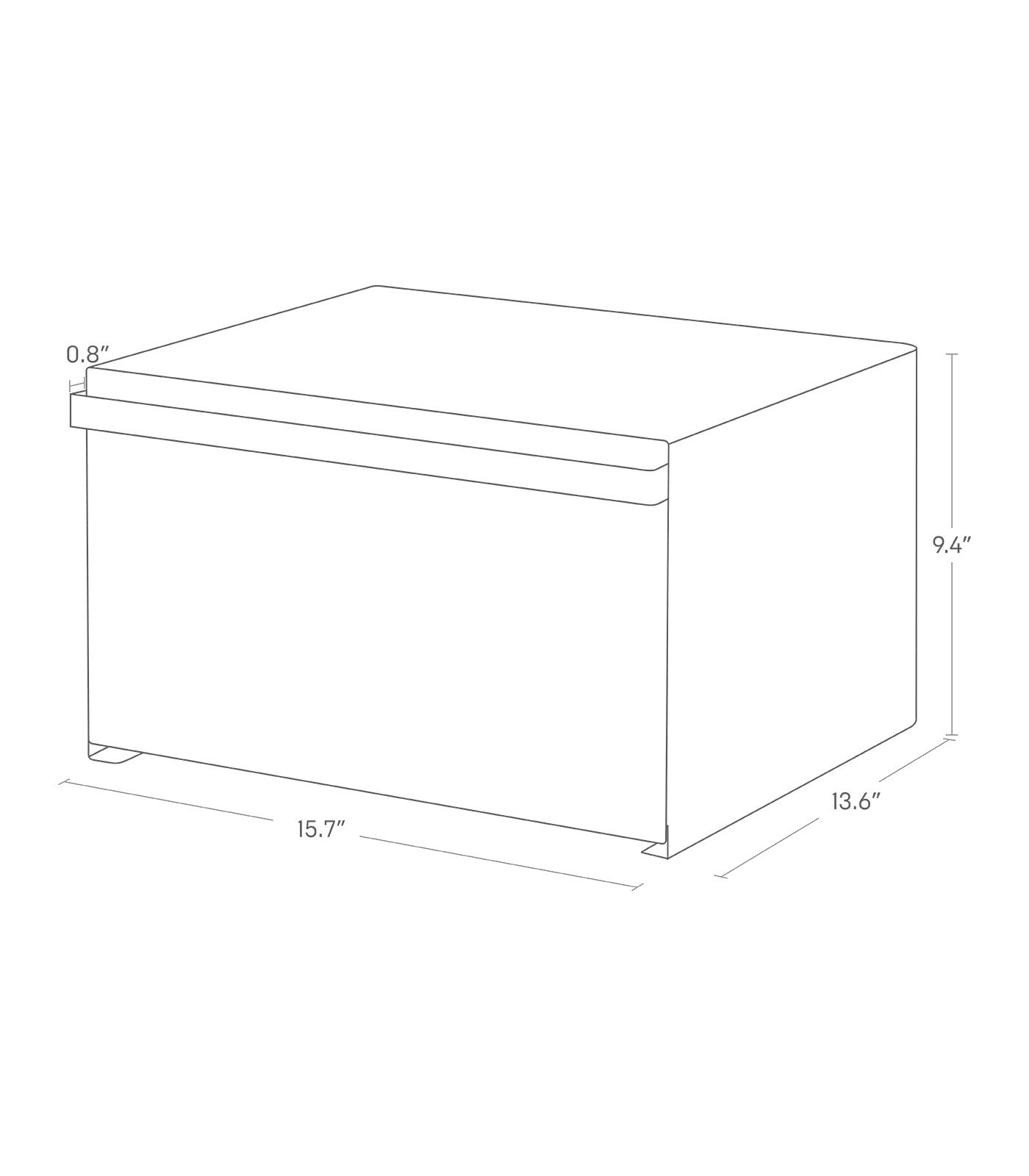 Image dimensionnelle pour la boîte à pain sur fond blanc montrant une hauteur de 9,4 ", une largeur de 15,7 ", une longueur de 13,6 " et une poignée dépassant de 0,8 ".