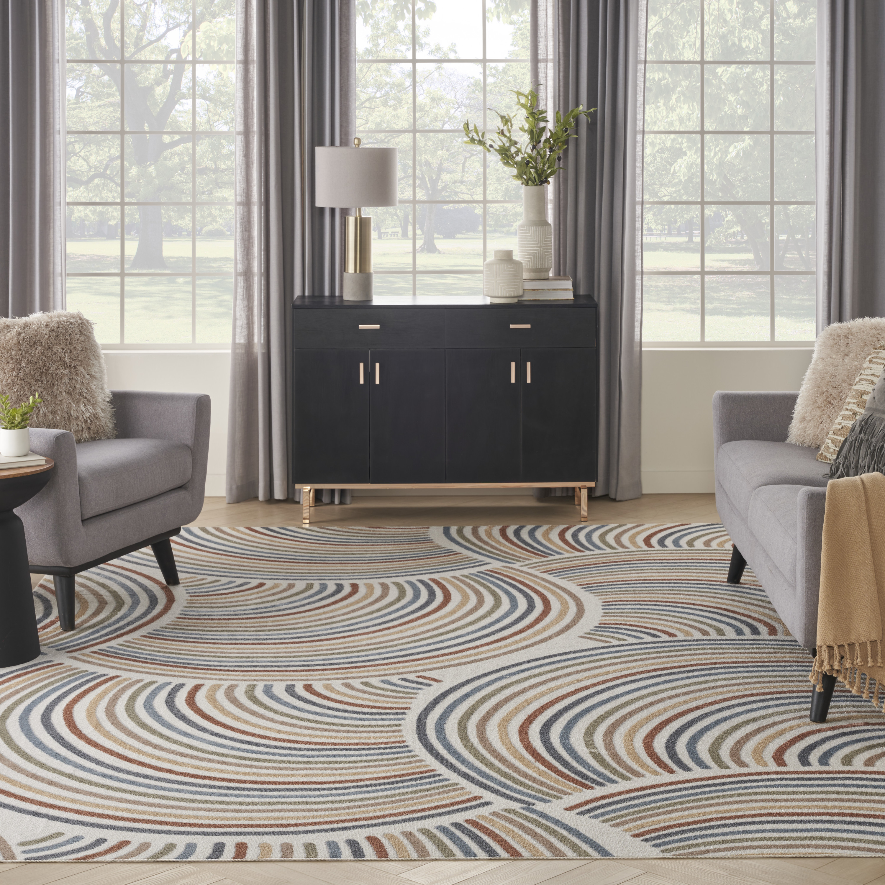 Nourison Astra Machine Washable 12' x 15' Ivory Multicolor Mid-Century Modern Indoor Rug
