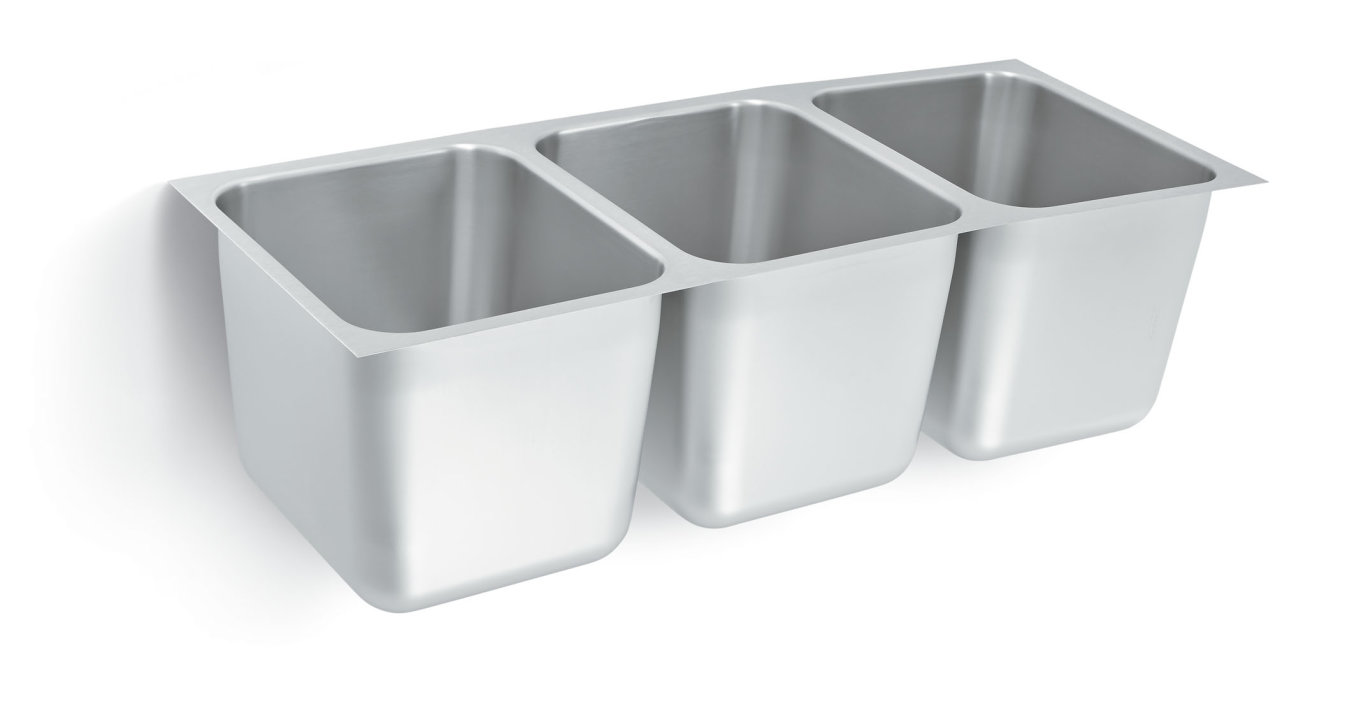 12-inch triple-bowl heavy-weight stainless steel undermount welded-in sink with 12-inch-deep bowls and 2-inch drains