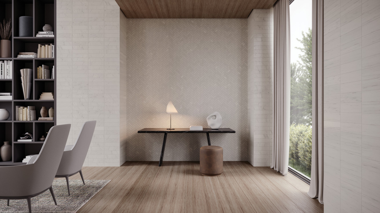 Eterna Bianco 3x12 and 1x4 Herringbone Mosaic