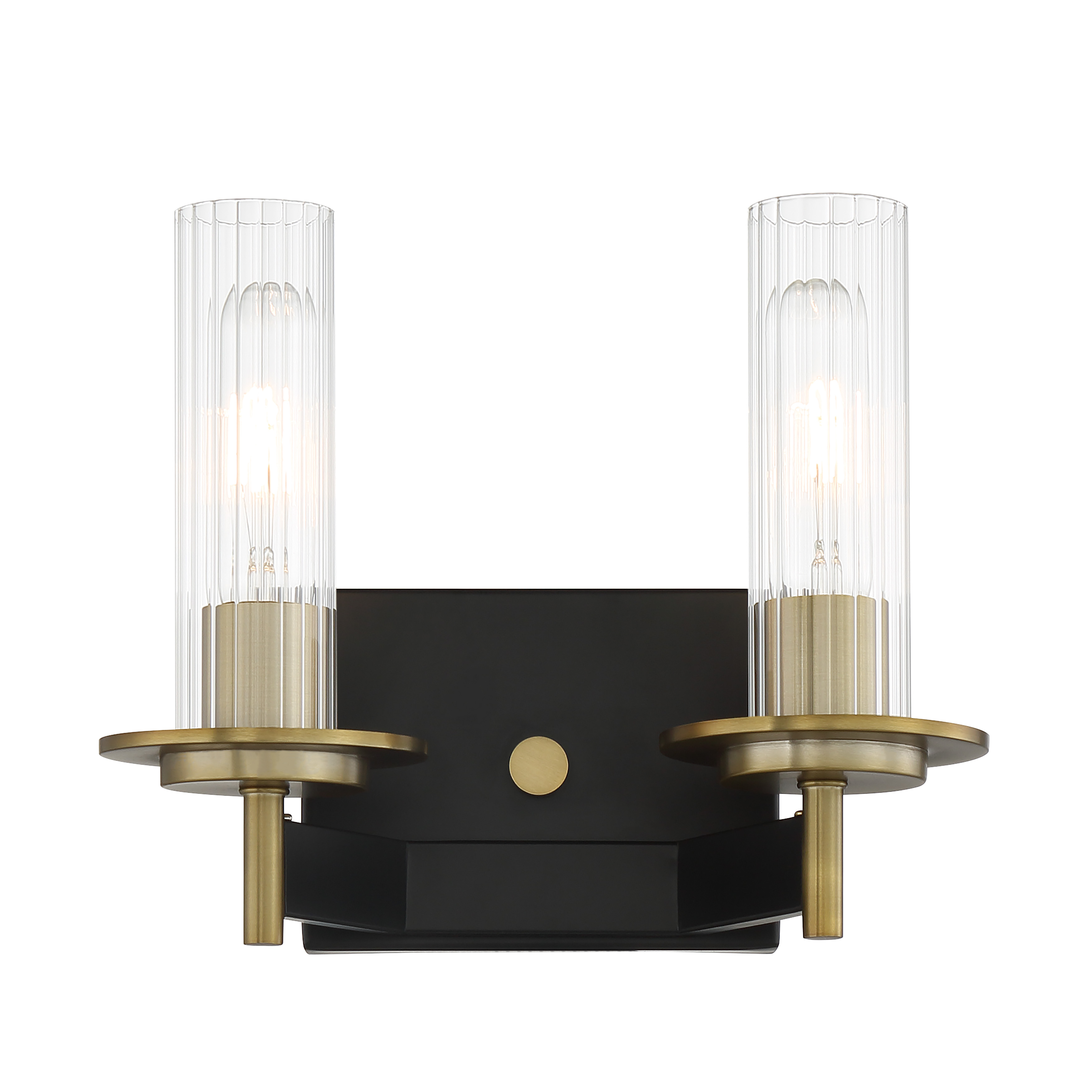 The Baldwin Park 2-Light Bath combines traditional styling with modern finishes. Coal black paired with soft brass accents creates sophisticated contrast, while clear ribbed glass shades add vintage charm and excellent light diffusion. - alternate view